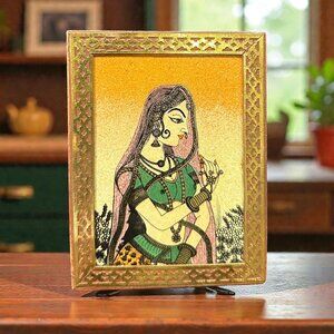 Vintage Indian Trinket Box, Crushed Gemstone Art Lid, Wooden Jewelry Box